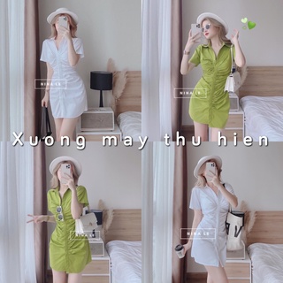 Váy sơ mi rúm cộc tay dáng ôm body kiểu cúc cài thanh lịch/ Váy nữ dáng ngắn mặc đi chơi, đi làm 2 màu xinh xắn
