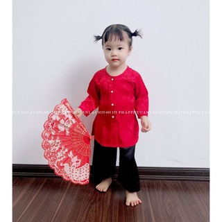 Bộ bà ba cho bé gái thiết kế AN LẠC FASHION, bộ áo đỏ và quần đen, trắng lụa gấm cao cấp mềm mịn, thoáng mát