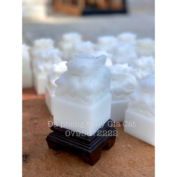 Ấn rồng đá bạch ngọc trắng 10cm phong thuỷ có kiểm định