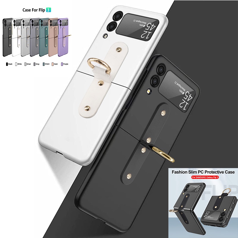 Ốp Điện Thoại PC Cứng Siêu Mỏng Màu Trắng Kèm Giá Đỡ Nhẫn Sang Trọng Cho Samsung Galaxy Z Flip 3 3