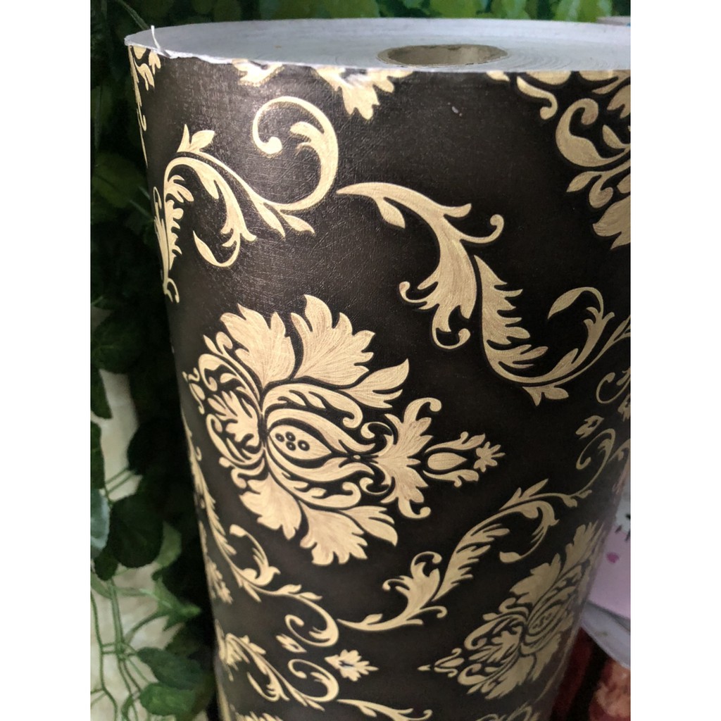 1M x 45cm Giấy dán tường có sẵn keo - hoa châu âu vàng nền đen