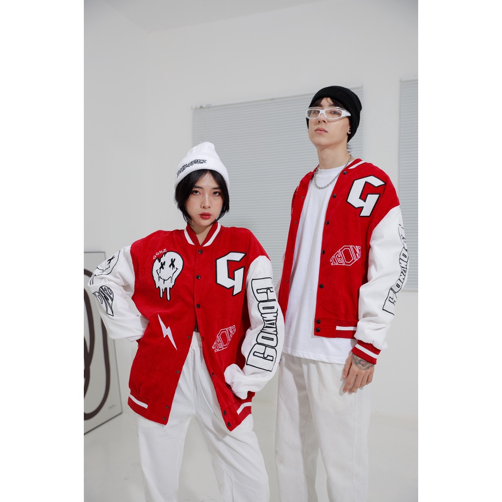 ◎◇✴Áo Khoác Varsity nam nữ màu đỏ, Gonz Bóng chày .Unisex Form rộng nhung tăm 2 lớp Hình thêu 100%
