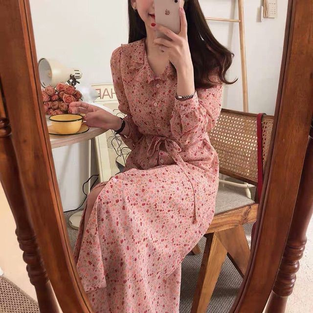 {order bigsize,L-4xl}Váy voan hoa cổ bèo tay dài tiểu thư - Có ảnh thật