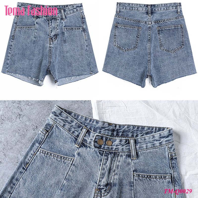 Quần short jean nữ TEMA - Quần đùi nữ jean dày dặn túi cách điệu gấu rách siêu xinh