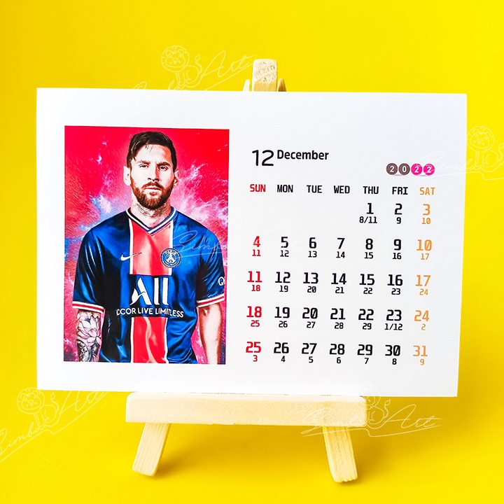 {TẶNG GIÁ ĐỠ } Bộ Lịch để bàn Lionel Messi PSG, Barca M10 M30 âm dương 2022 mini A6 đế gỗ trang trí, sáng tạo