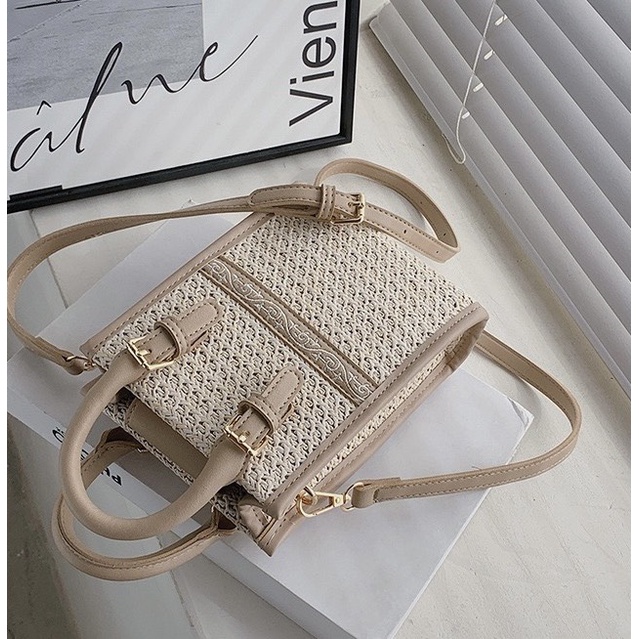Túi cói viền da hình chữ nhật phong cách Hàn Quốc mới nhất 2022