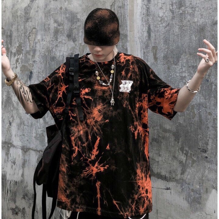 ÁO THUN TAY LỠ HỌA TIẾT LOANG CAM ĐEN dáng thụng ulzzang