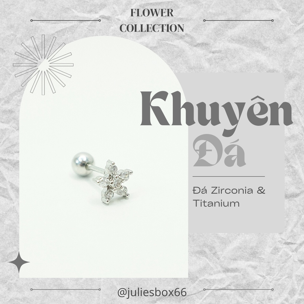 [1 Chiếc] Khuyên Tai Titan Hoa 5 Cánh Đá Trắng Unisex Màu Bạc Đuôi Bi Không Ngứa Bông Tai Julies Box 66