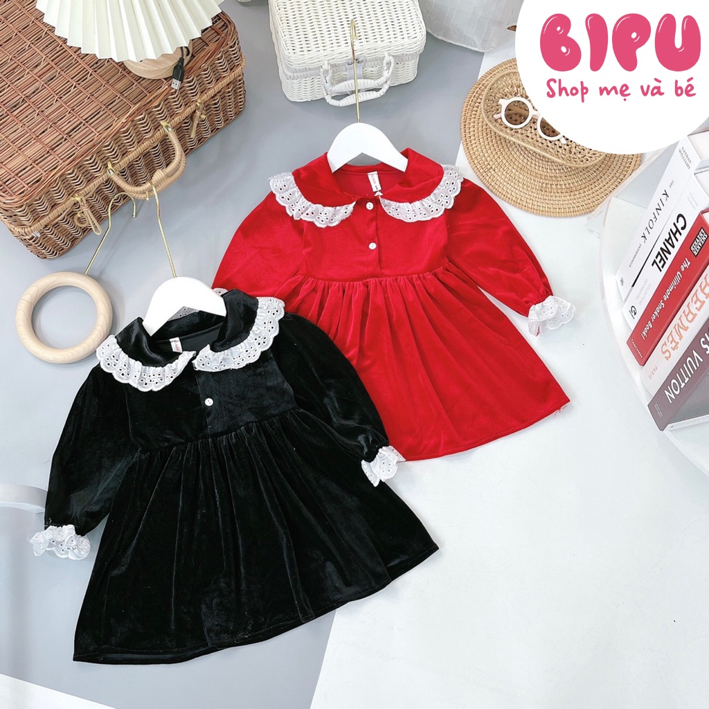 Váy Nhung Bipu Phối Cổ Ren Bánh Bèo Điệu Đà