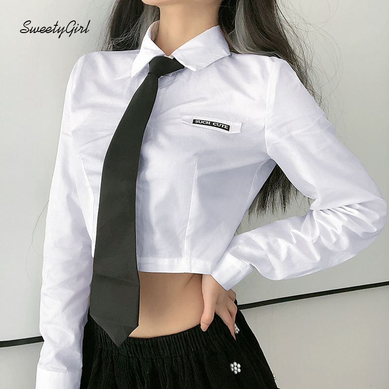 SweetyGirl Fashion Letters Tagged Tied Turn-down Collar Long Sleeves Front Buttoned Women Slim Fit Casual Cardigan Crop Top | BigBuy360 - bigbuy360.vn