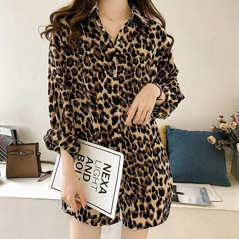 Áo sơ mi cổ bẻ tay dài hoạ tiết da báo cho nữ sơmi nữ