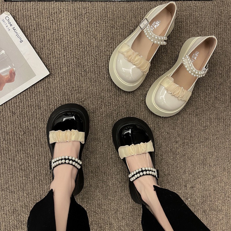 Giày Lolita Búp Bê Dễ Thương Viền Ren Quai Ngọc Độn Đế Nhẹ Hàn Quốc FLOWER G29 - nguyentrang239