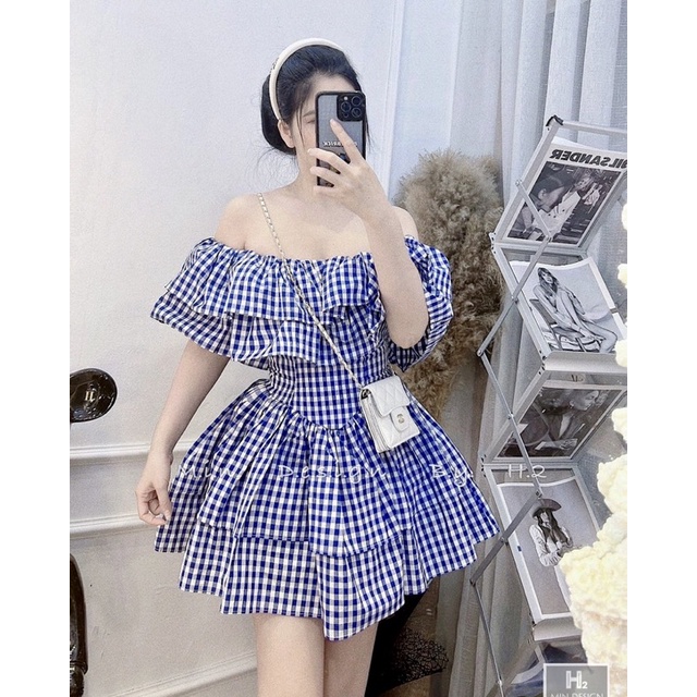 Đầm Kẻ Xanh Bèo Vai Thiết Kế Xếp Tầng Thời Trang 2 Màu✌️Ảnh Thật