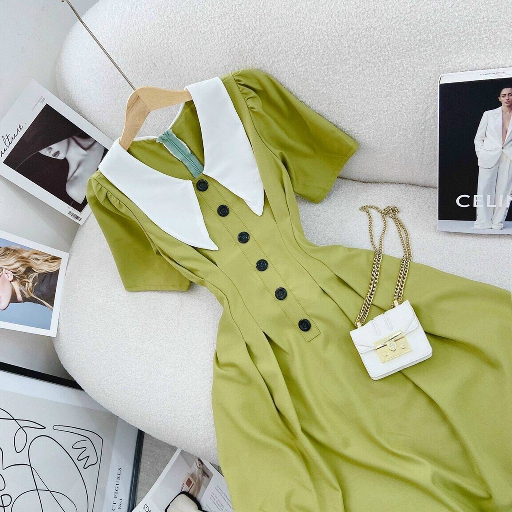 Đầm váy nữ lụa ôm eo cài nút giả phối cổ nhọn bèo xinh dáng thân tôn dáng trẻ trung sang trọng thanh lịch siêu xinh