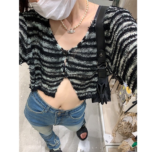 Áo Cardigan Dệt Kim Tay Dài Cổ Tròn Họa Tiết Kẻ Sọc Thời Trang Hàn Quốc Quyến Rũ Cho Nữ