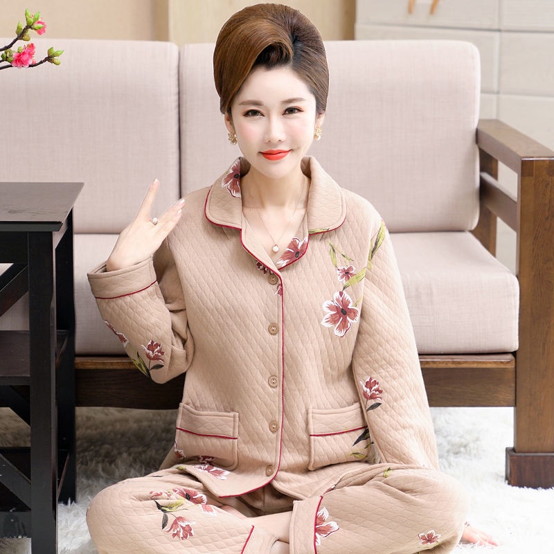 Bộ đồ ngủ mùa thu đông của phụ nữ dài tay mẹ trung niên dày dặn ấm áp phù hợp với người và già size lớn phục vụ tại nhà