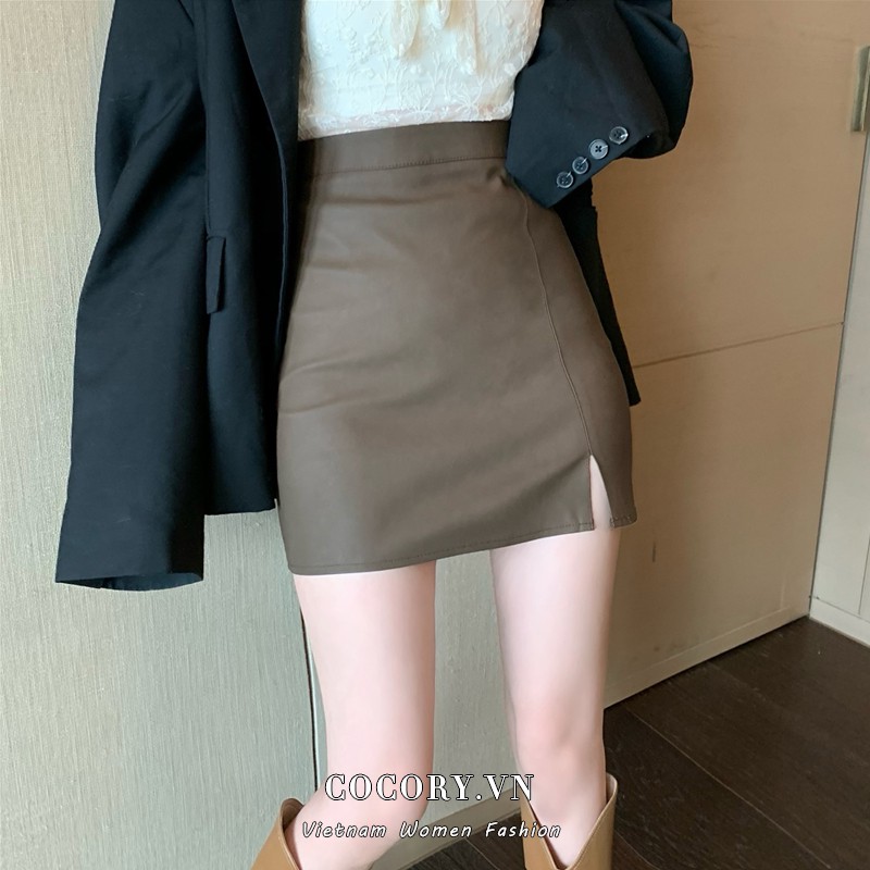 Chân váy da lưng cao màu trơn xẻ tà phong cách quyến rũ | BigBuy360 - bigbuy360.vn