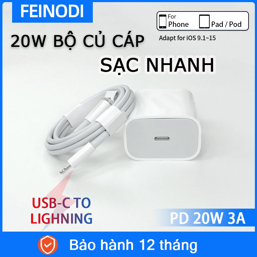 Feinodi Bộ Củ Cáp Sạc Nhanh PD 20W Sạc Nhanh Type C To lighting cục sạc dây sạc usb c sạc nhanh cho IP12,13