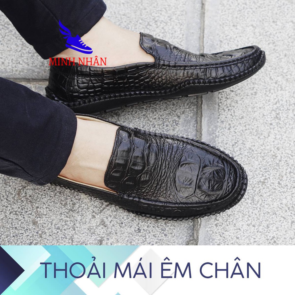 Giày Mọi Nam Da bò Đẹp vân cá sấu đế bệt xỏ tiện lợi êm chân đơn giản lái xe ô tô cho nam hàng hiệu giá rẻ M-11 màu đen