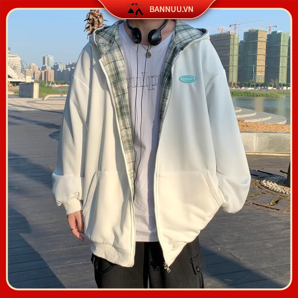 Áo Khoác Tay Dài Có Thể Đảo Ngược Họa Tiết Caro áo khoác hoodie Phong Cách Hàn Quốc áo khoác dây kéo Cổ Điển Thời Trang áo khoác nữ Thường Ngày Dành Áo hoodie Nam Nữ