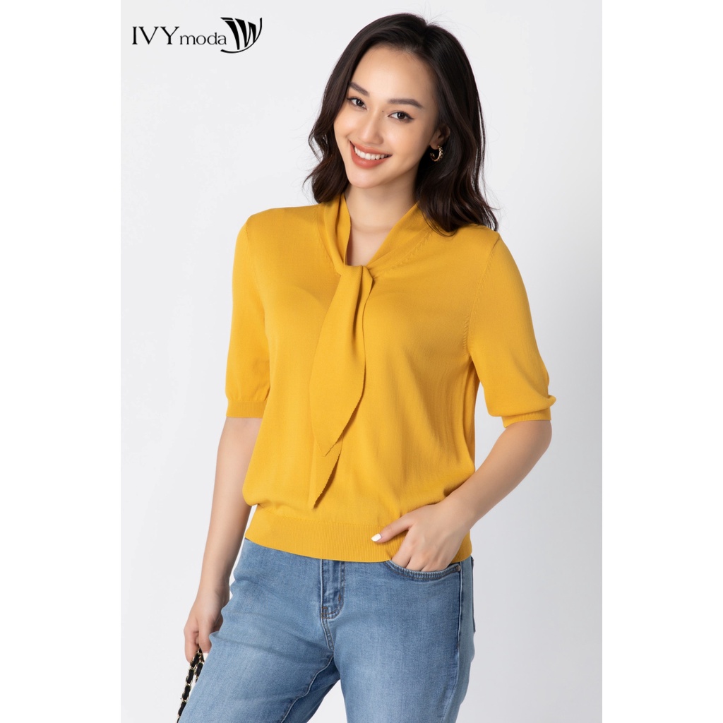 Áo len nữ mỏng cổ thắt nơ IVY moda MS 57B8036