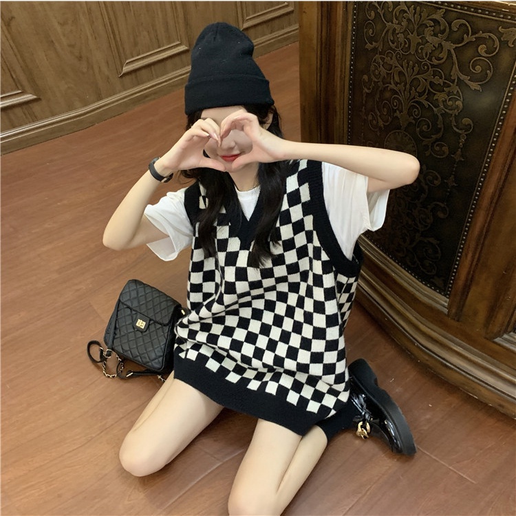 Áo len không tay cổ chữ V dáng rộng họa tiết sọc caro phong cách Retro | BigBuy360 - bigbuy360.vn