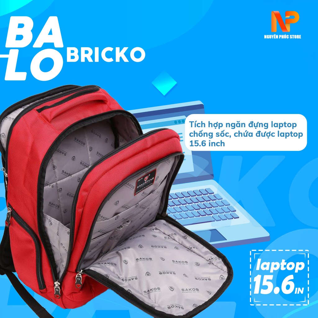 Balo Laptop 15.6 Inch - Sakos Bricko.Chống Sốc,Chất Liệu Trượt Nước,Hạn Chế Mùi,Có Ngăn Chứa Lớn,Nhiều Ngăn Phụ