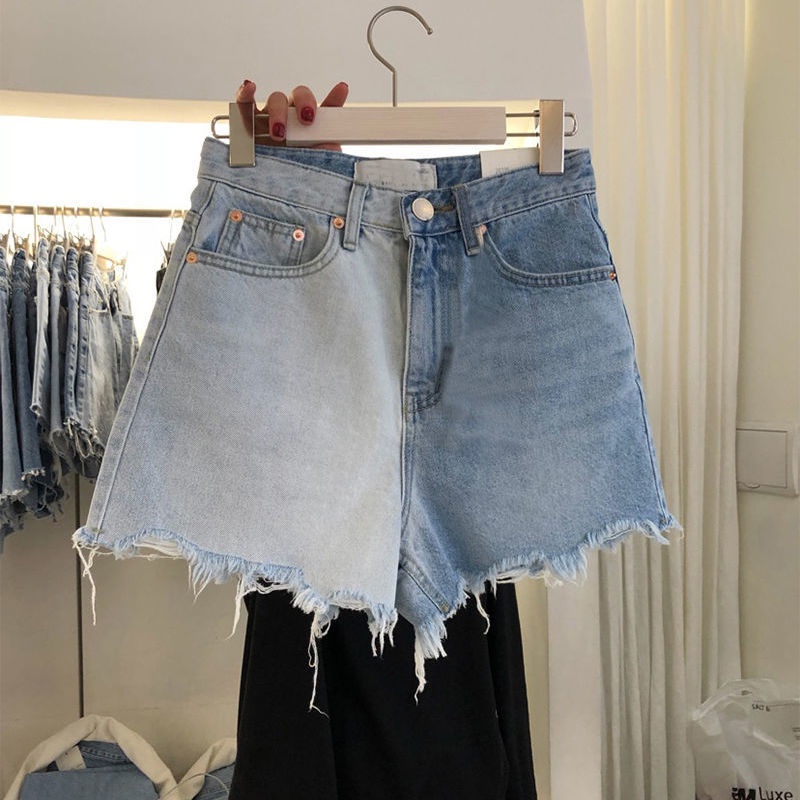 Quần Short Denim Lưng Cao Ống Rộng Phối Màu Tương Phản Thời Trang Mùa Hè Cho Nữ Plus Size