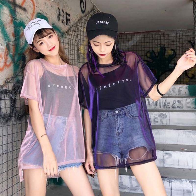 Áo Lưới Lụa Sáng Màu Chống Nắng Dáng Rộng Xuyên Thấu + Áo Hai Dây Cỡ Lớn Phong Cách Hàn Quốc Cho Nữ