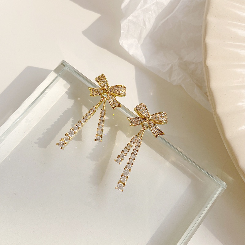 Bông Tai Mạ Bạc 925 Hình Nơ Tua Rua Đính Đá Thời Trang Hàn Quốc Cho Nữ