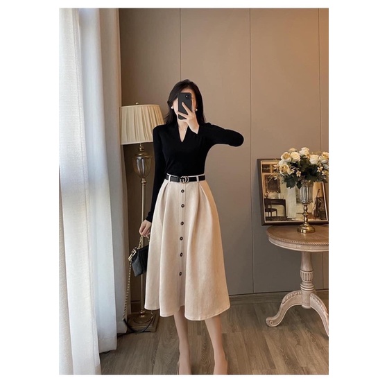 CHÂN VÁY DA LỘN DÁNG XOÈ DÀI 70CM KHOÁ SAU KÈM BELL