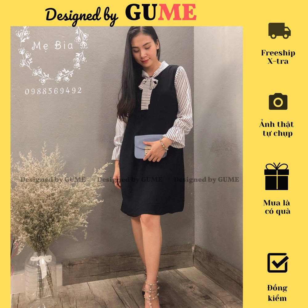 Đầm Bầu Công Sở - Váy Bầu GUME màu Đen dáng suông Kẻ Sọc Nhỏ chất vải sạn lụa size từ 40-100kg MB32