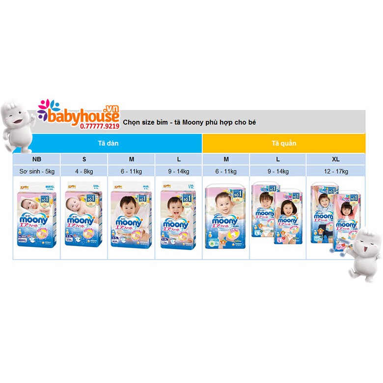 TÃ DÁN/QUẦN MOONY NHẬT ĐỦ SIZE NB90/ S70/ M64/ L54/ XL44/ M58/ L44/ XL38/ XXL26