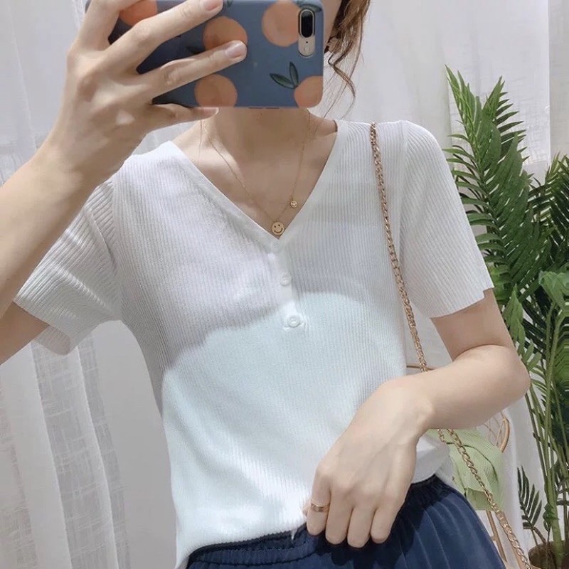 Áo len ngắn tay cổ V cúc ngực Ulzzang style  Hàng Quảng Châu