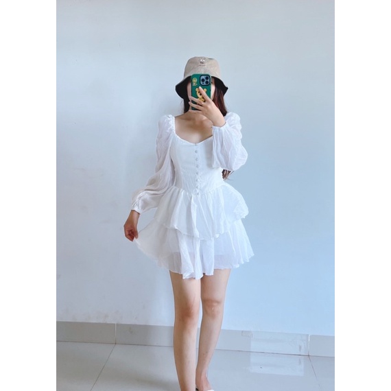 Đầm minal dress trắng tay dài phồng