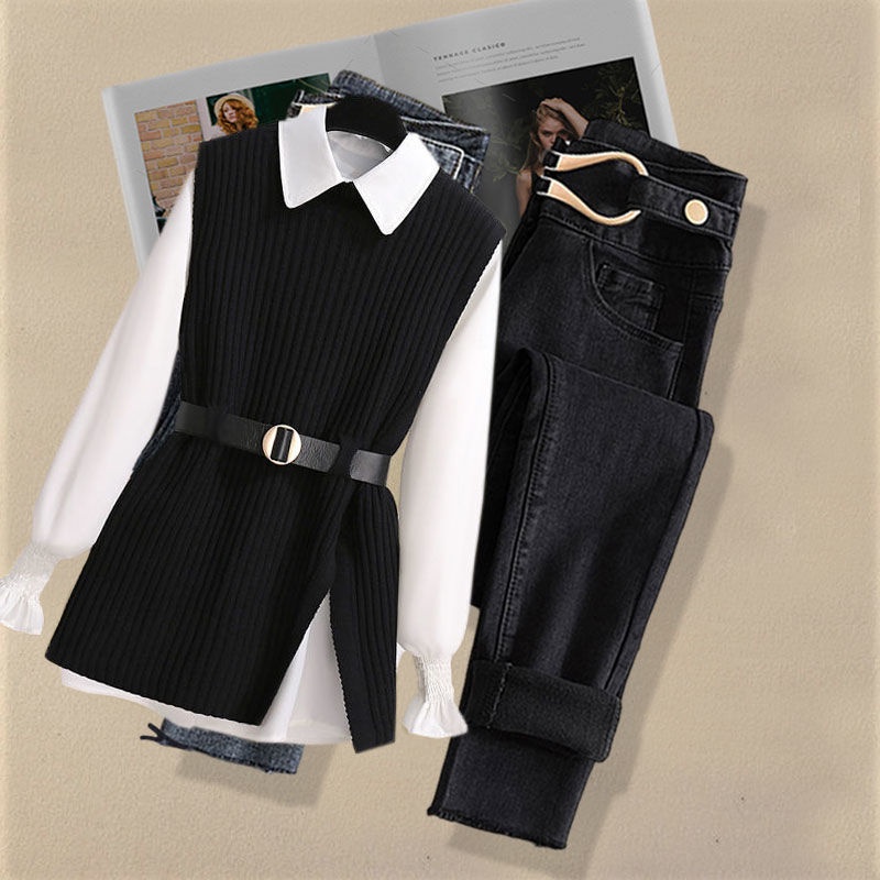 Bộ đồ áo cỡ lớn dệt kim kiểu vest và quần jean cho nữ S