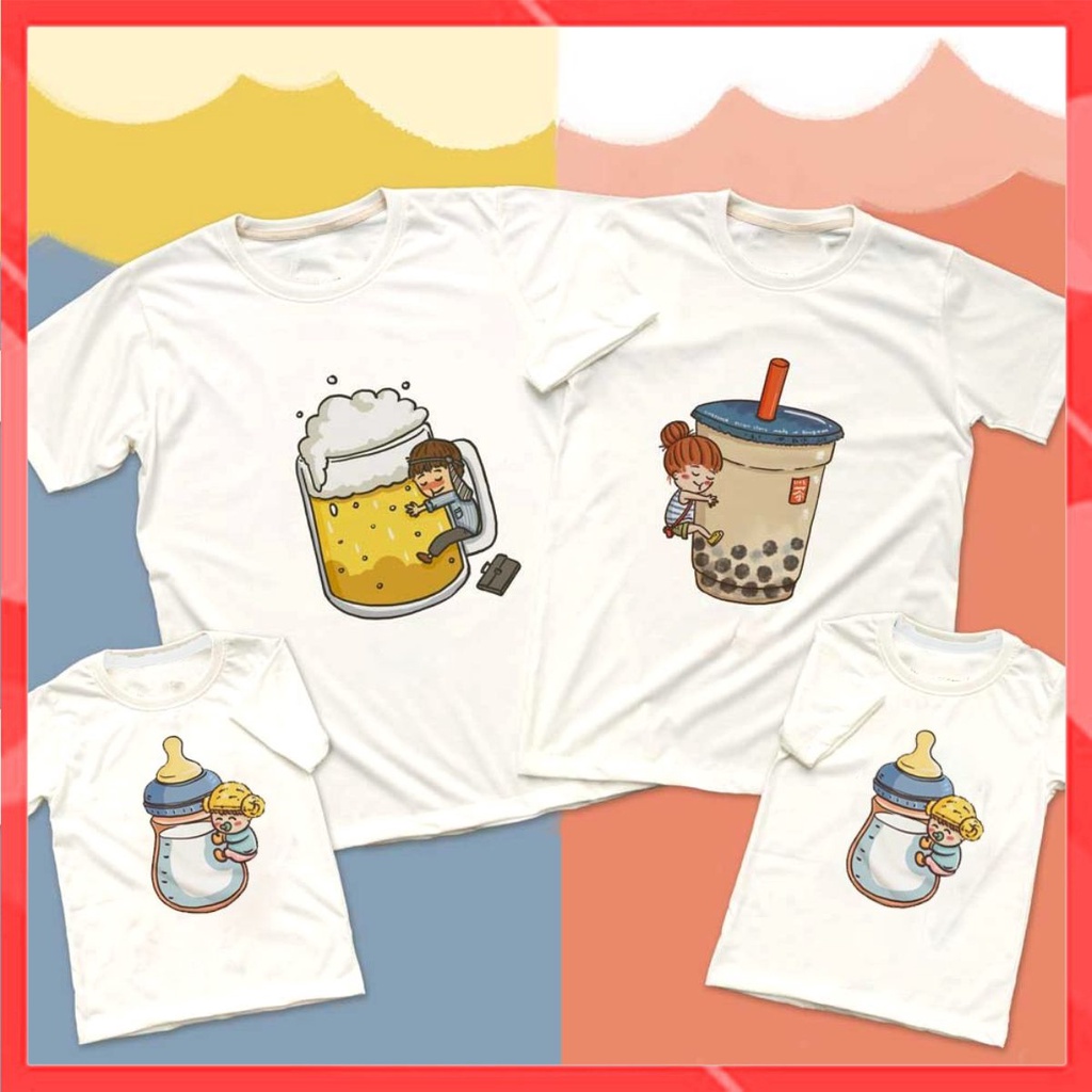 Áo gia đình Familylove - Đồng phục gia đình họa tiết beer trà sữa bình sữa cực đáng yêu Cotton 100% co giãn mềm mịn
