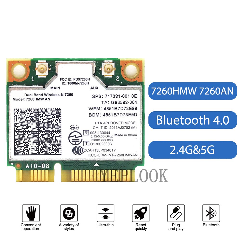 Thẻ WiFi 7260HMW 7260AN 2.4G / 5G BT4.0 Mini PCI-E 867M Thẻ Wifi