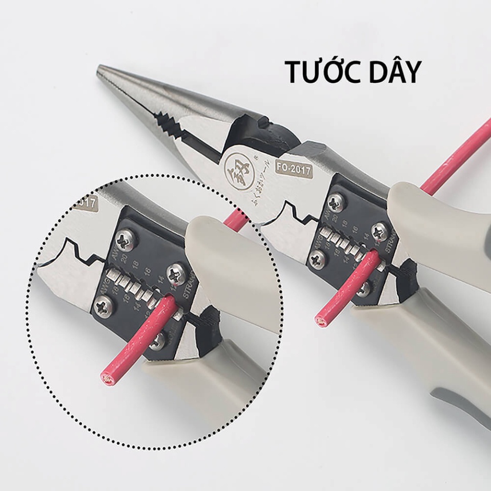 ⚜️Qùa Tặng ⚜️ Kìm, kiềm nhọn đa năng cao cấp Nhật Bản 5 trong 1 FUKUOKA FO-2017 8inch/220mm (Kẹp-Cắt-Uốn-Cuộn-Tuốt dây)