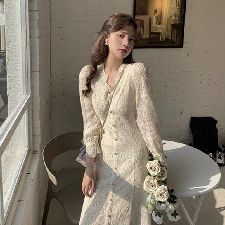 (Mễ Bối_ORDER) Đầm kiểu ren sóng tay lỡ thiết kế dự tiệc cổ V/ Váy ren tiểu thư công chúa dáng maxi dài thu đông