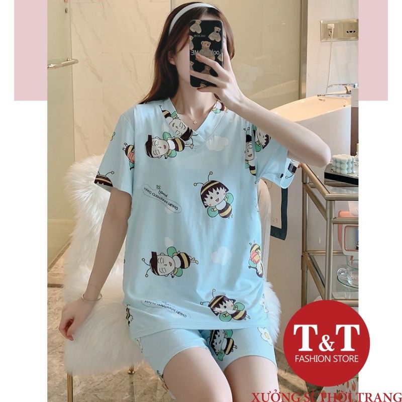 Bộ đồ ngủ nữ cổ tim đẹp mắt họa tiết nổi bật bộ chất thun mềm mát mẻ cho mùa hè