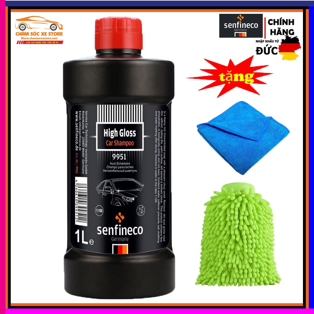 Nước Rửa Xe Đậm Đặc Siêu Bọt Senfineco Car Wash Shampoo 9951 - 1 lít Tặng Bao Tay Rửa Xe và Khăn