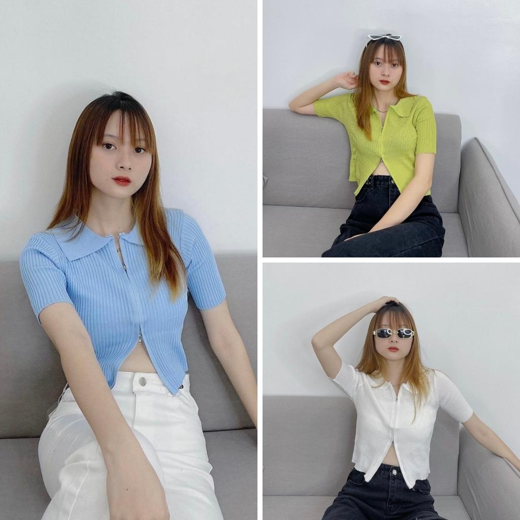 Áo croptop len khoá ngực  [FREESHIP] Len gân dọc freesize 1969
