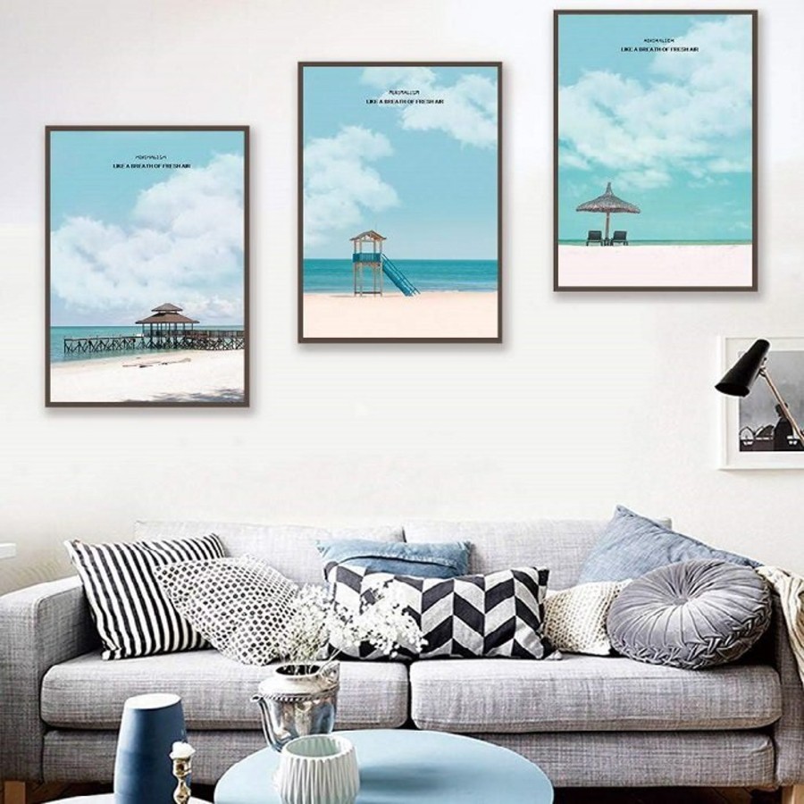 Bộ 3 tranh canvas biển xanh - Tranh treo tường phong cảnh thiên nhiên kèm khung cao cấp giá xưởng-tặng đinh đa năng treo