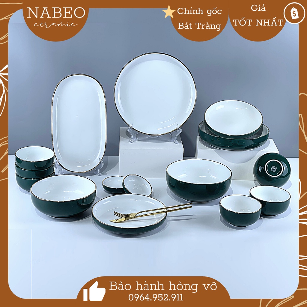 Bộ Bát Đĩa Lục Bảo Vàng Kim Bát Tràng kiểu dáng Châu Âu, Tô, Chén ăn cơm sang trọng