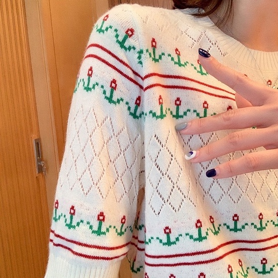 Áo dệt kim ZHELIHANGFEI ngắn tay thêu họa tiết xinh xắn thời trang