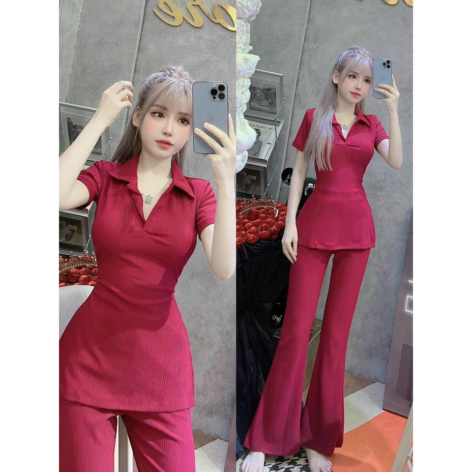 [8.8 Sales Freeship] Set bộ thun nữ, set áo cổ bẻ tay ngắn xẻ tà mix quần ống loe chất thun gân co dãn, tôn dáng