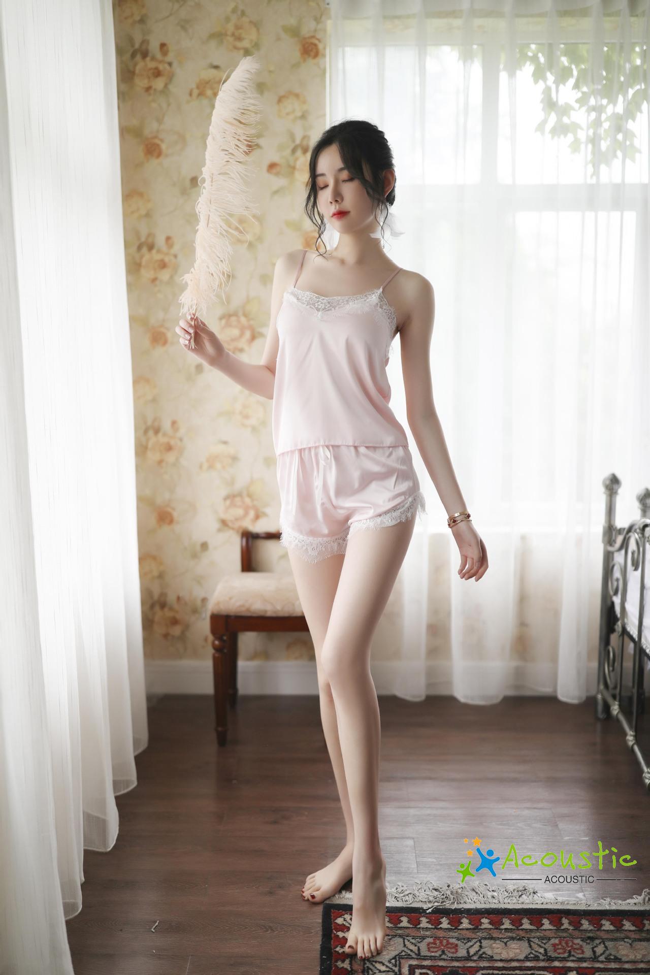 ✿-LZZ-✿-2 Pieces Homewear Set, Female Lace V-Neck Spaghetti Strap Pullover+ Short Pants for Summer, Yellow/Pink, S/M/L/XL