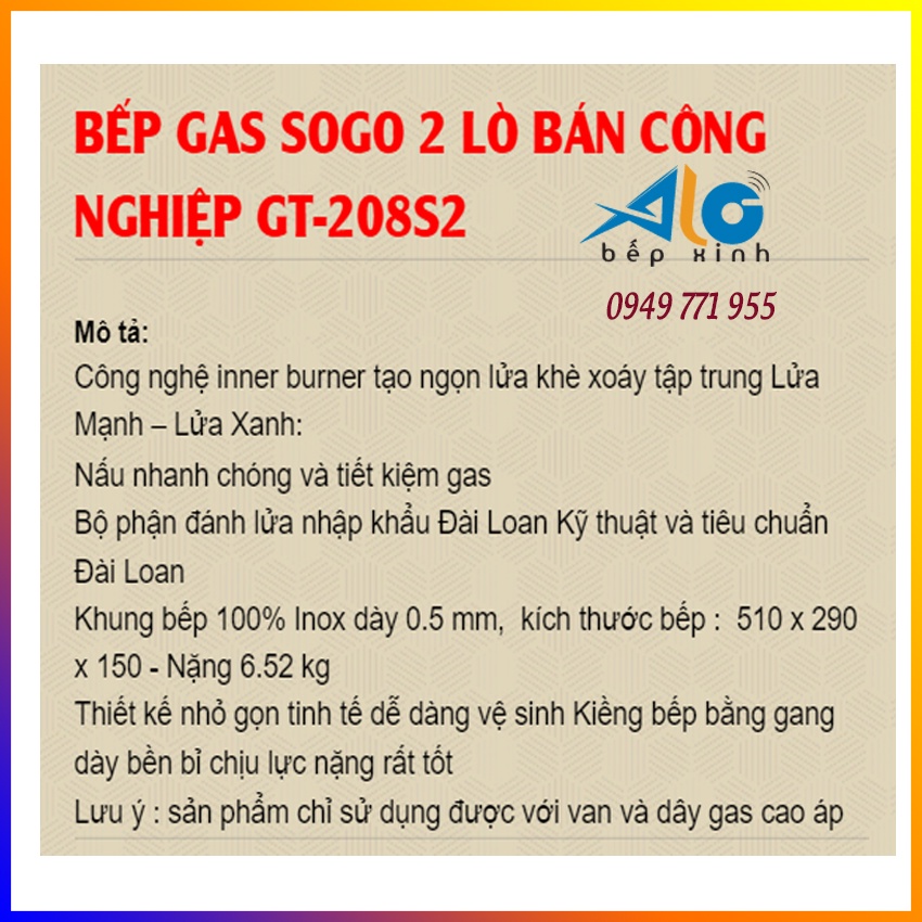 BẾP GAS 2 LÒ CÔNG NGHIỆP KHÈ SOGO GT-208S2 - lửa xanh, mạnh - Alo Bếp xinh