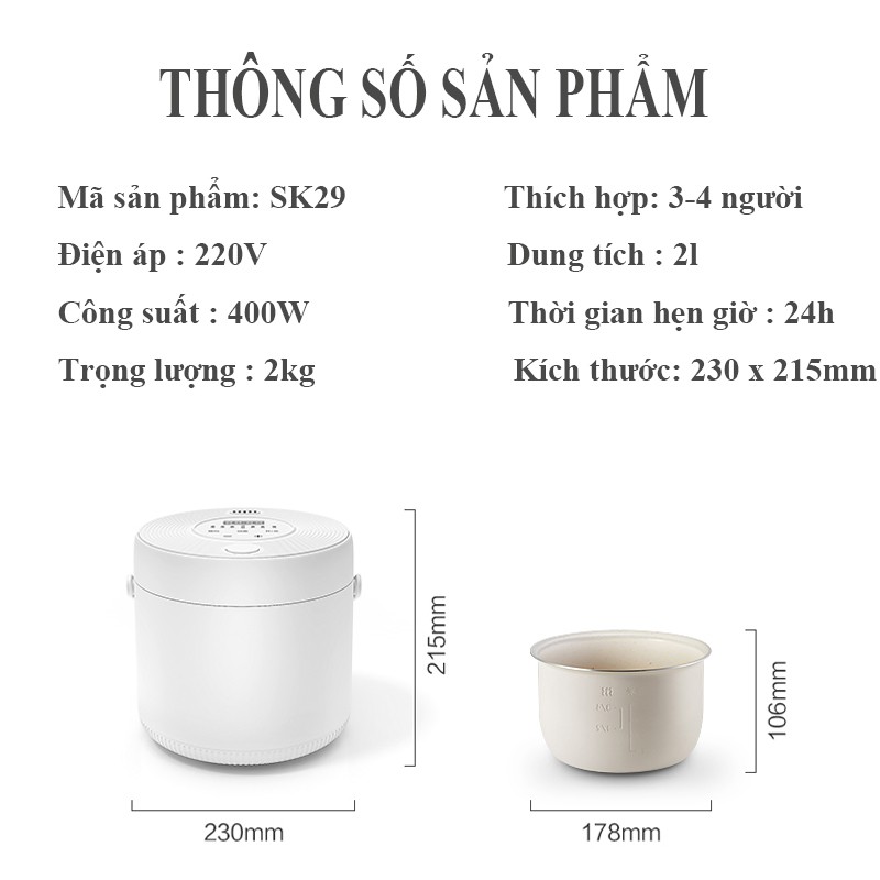 NỒI CƠM ĐIỆN MINI ĐA NĂNG DUNG TÍCH 2 LÍT - NỒI CƠM THÔNG MINH NẤU ĐƯỢC CÁC MÓN PHÙ HỢP 3-4 NGƯỜI